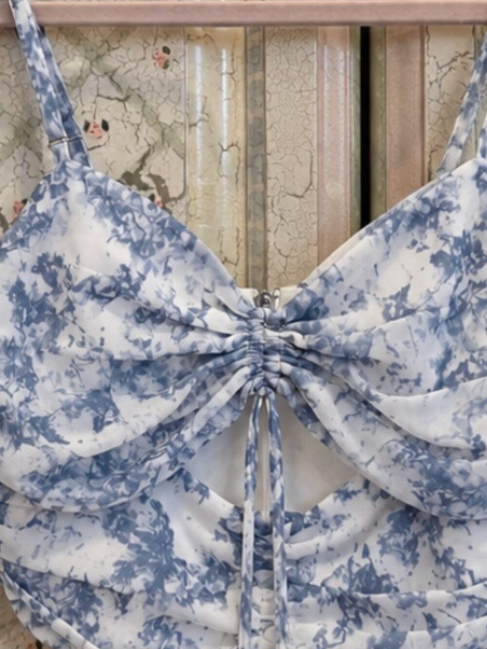 Blue White Toile Print Ruched Corset Crop Top Sweetheart Neckline Coquette Y2K